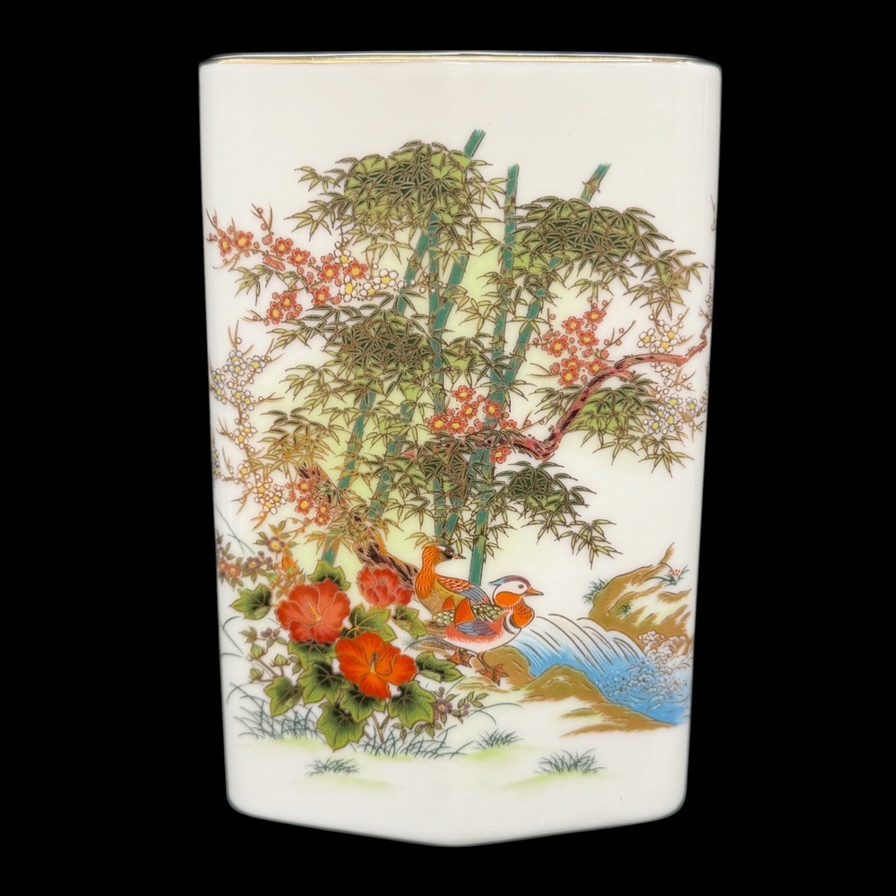 Asahi Mandarin Ducks Bamboo Gilt Rim Vtg Seihou Gama Hex Porcelain Vase Japan 7"